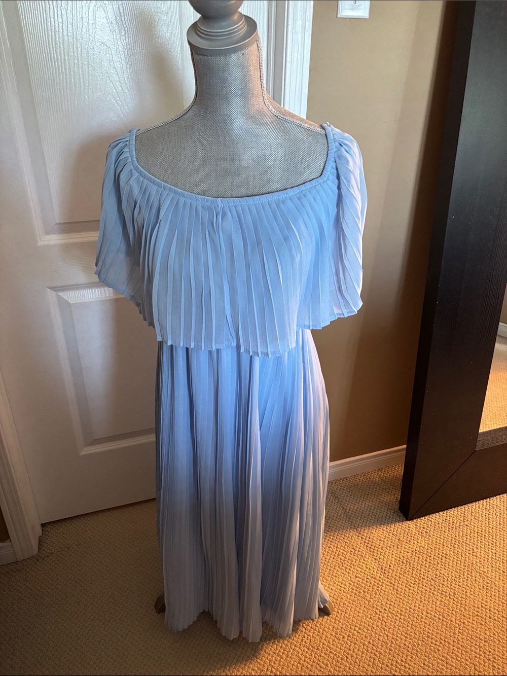 Light Blue Pleated Off-Shoulder Maxi Dress